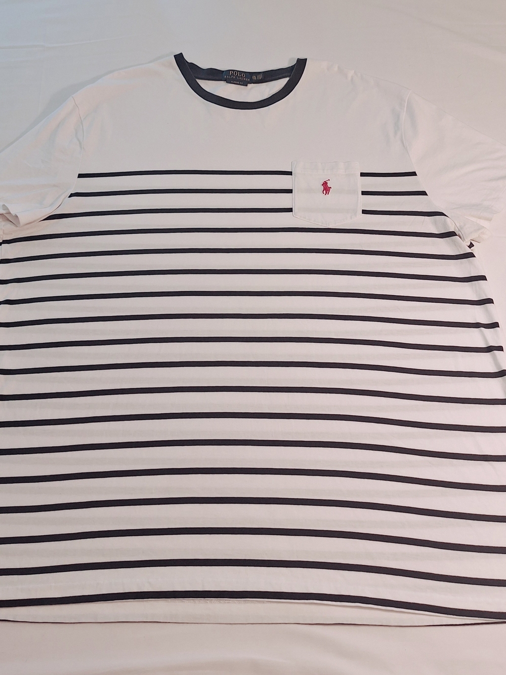 Polo by Ralph Lauren Men’s White Stripe Pocket T‑Shirt with Navy Trim XXL
